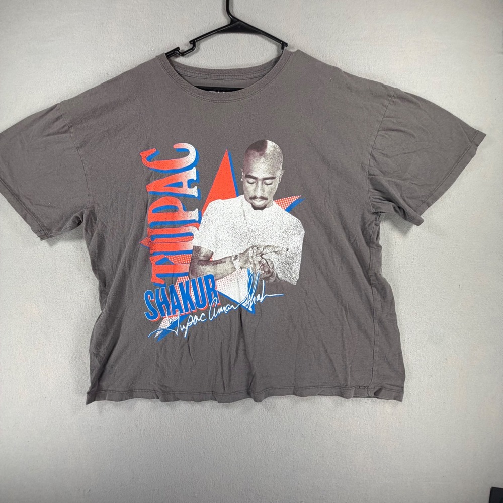 2Pac Shakur Graphic T-Shirt Mens XL Gray Boxy Cotton Hip Hop Rap Tee Streetwear